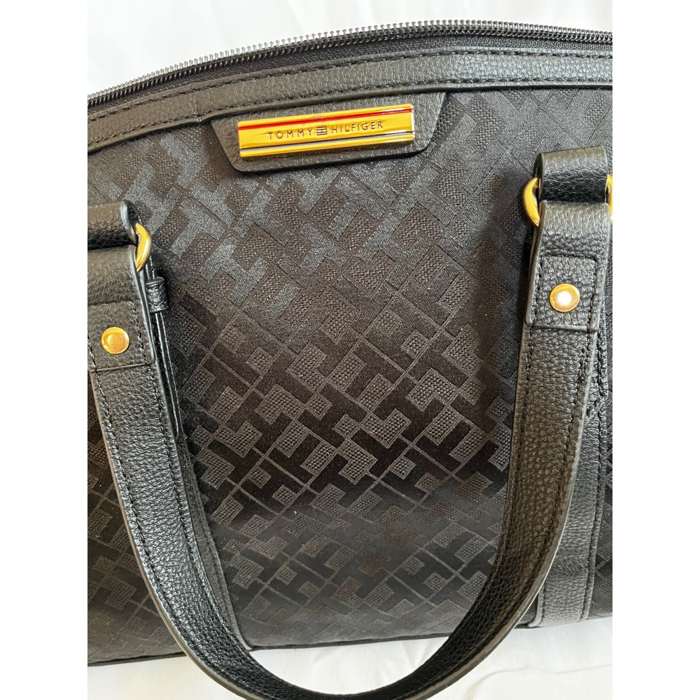 Tommy Hilfiger Black Signature Monogram Satchel Handbag Gold Hardware